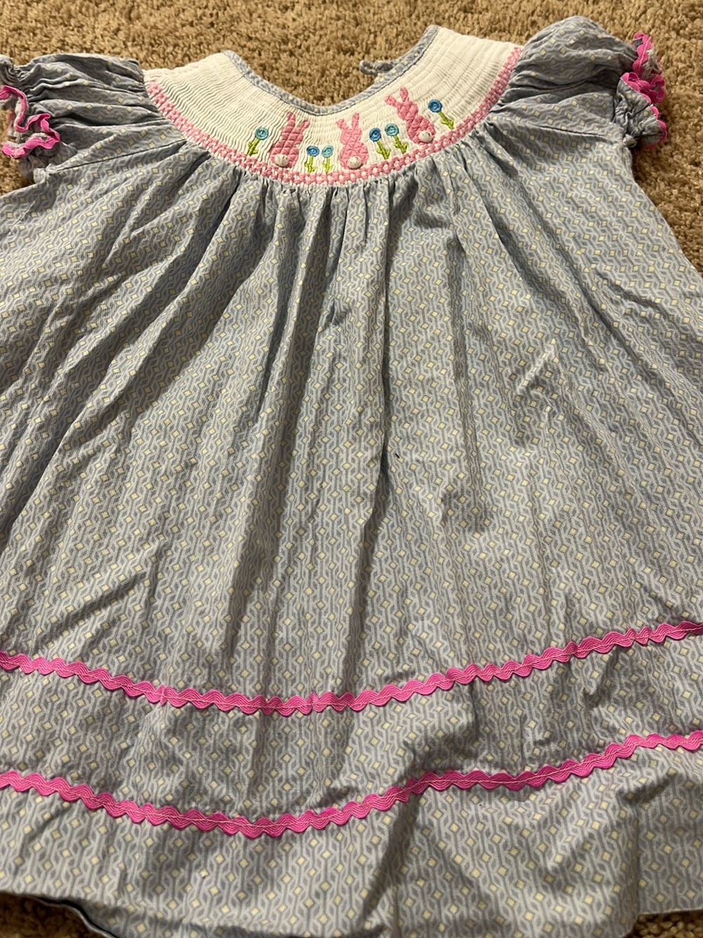 Girls Smocked Bodice Dress with Pink Trim
